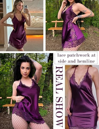 Camasa de noapte din satin, pentru femei, Mov XL [4]