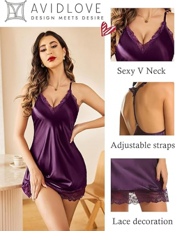 Camasa de noapte din satin, pentru femei, Mov XL [3]