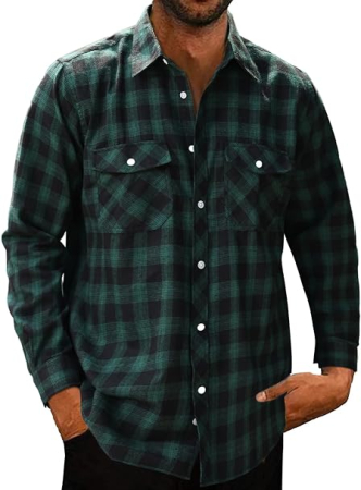 Camasi barbati - Cămașă Flanel Bărbați în Carouri, Călduroasă, Croi Lejer, 2 Buzunare cu Nasturi, negru/verde 2XL