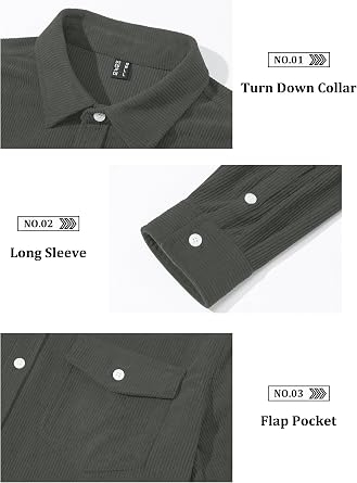 Cămașă Jachetă Bărbați EKLENTSON, Catifea Corduroy, Mâneci Lungi, M, Gri Închis [5]