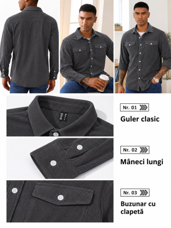 Cămașă Jachetă Bărbați EKLENTSON, Catifea Corduroy, Mâneci Lungi, S, Gri Închis [1]