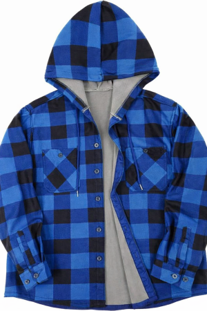 Camasi barbati - Camasa albastra captusita, tip jacheta, in carouri, cu fermoar si buzunare cu capse, 2XL