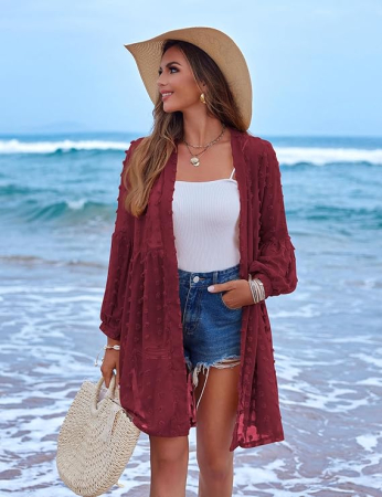 Cămașă lunga, larga, cu mânecă lungă pentru femei, visinie L [4]