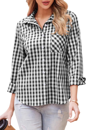 CAMASI - Cămașă in carouri, larga, cu mânecă lungă pentru femei alb cu negru S