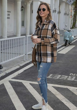 Cămașă in carouri, larga, cu mânecă lungă pentru femei gri cu maro 3XL [3]