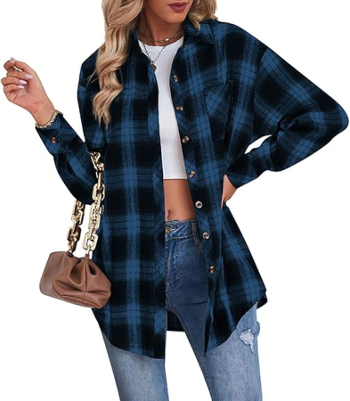 CAMASI - Cămașă in carouri, larga, cu mânecă lungă pentru femei albastru cu negru 2XL
