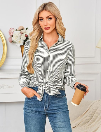 Cămașă lejeră cu mânecă lungă pentru femei marimea 2XL alba cu dungi [1]