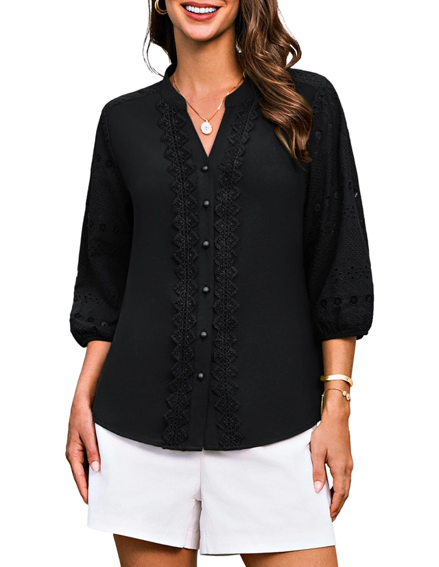 CAMASI - Cămașă lejeră cu mânecă 3/4 pentru femei, neagra S