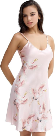 Camasa lejera de somn pentru femei, din satin, roz cu model S [2]