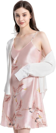 Camasa lejera de somn pentru femei, din satin, roz cu model S [6]