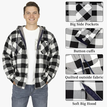 Camasa gri captusita, tip jacheta, in carouri, cu fermoar si buzunare cu capse, 2XL [3]