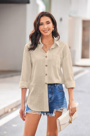 Cămașă Damă Oversized, Mâneci Lungi, Nasturi Frontali, Croi Lejer, Umeri Căzuți, Buzunar Piept, Casual și Elegantă 2XL [3]