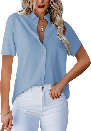 CAMASI FEMEI - Bluză Damă bleu cu Nasturi și Decolteu în V, Mâneci Scurte, Croi Elegant, Material Ușor și Respirabil, Office Casual S