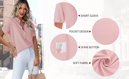 Bluză Damă bleu cu Nasturi și Decolteu în V, Mâneci Scurte, Croi Elegant, Material Ușor și Respirabil, Office Casual S [4]
