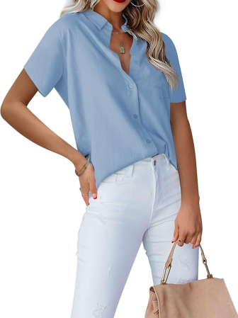 Bluză Damă bleu cu Nasturi și Decolteu în V, Mâneci Scurte, Croi Elegant, Material Ușor și Respirabil, Office Casual S [1]