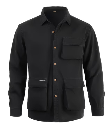 Camasi barbati - Camasa neagra lejera tip jacheta, cu maneca lunga, buzunare mari, pentru barbati L