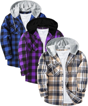 Camasi barbati - Camasi subtiri tip jacheta, in carouri, cu gluga si nasturi, 3XL, set 3 bucati, crem, mov albastru