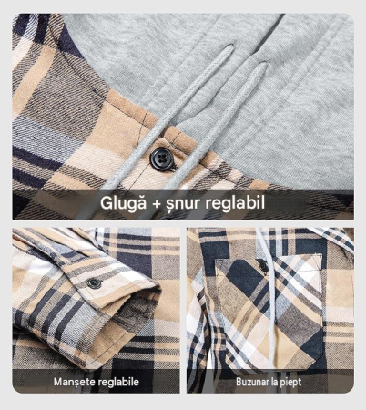 Camasi subtiri tip jacheta, in carouri, cu gluga si nasturi, 3XL, set 3 bucati, crem, mov albastru [3]