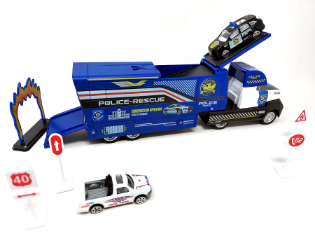 MASINUTE DE JUCARIE - Camion cu rampa de transport masini, set cu 2 masini politie si indicatoare