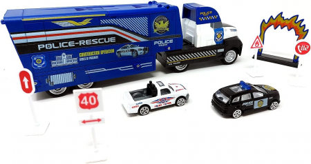 Camion cu rampa de transport masini, set cu 2 masini politie si indicatoare [5]