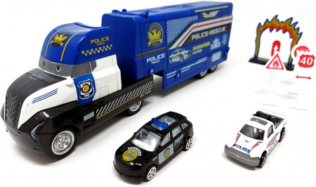 Camion cu rampa de transport masini, set cu 2 masini politie si indicatoare [4]