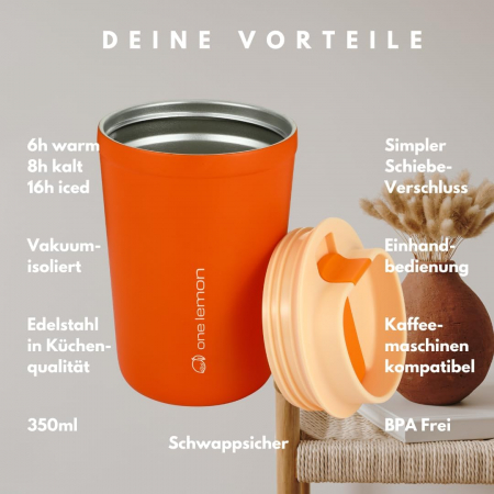 Cana de cafea din otel inoxidabil cu capac detasabil, 350ml, portocaliu [1]