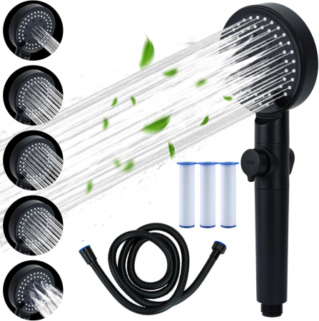 Coloane de dus si seturi de dus - Cap de dus cu 5 moduri, cu filtru si oprire, cu furtun de 1.5 m, negru