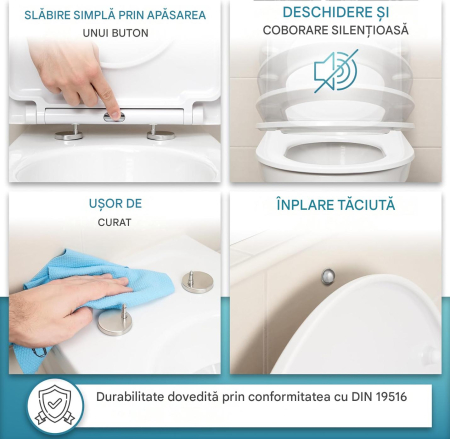 Capac WC Universal cu Închidere Soft, D-Shape, Duroplast Alb, Quick Release, Montare de Sus, 150 kg [4]