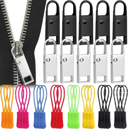 Produse Mercerie - Capete metalice de fermoare, 5 argintii, 5 negre si 24 tragatoare multicolore