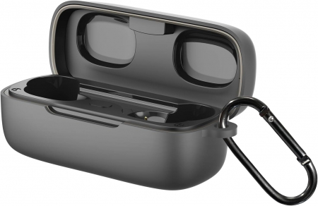 Huse, genti si carcase de protectie - Carcasă de silicon EarFun Free Pro 3(Front LED visible) cu carabinier, negru