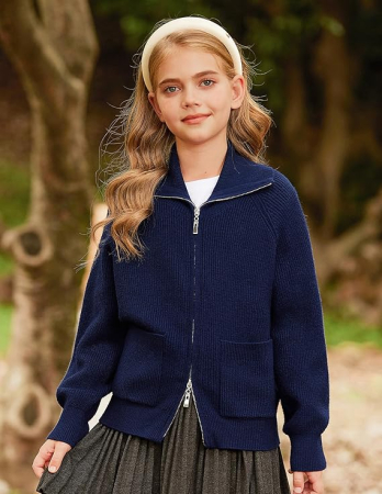 Cardigan albastru, bluza tricotata cu maneci lungi si fermoar dublu pentru fete 8 ani [1]