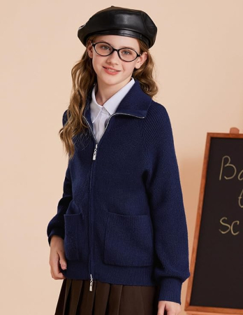 Cardigan albastru, bluza tricotata cu maneci lungi si fermoar dublu pentru fete 14 ani [5]