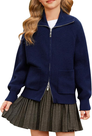 IMBRACAMINTE - Cardigan albastru, bluza tricotata cu maneci lungi si fermoar dublu pentru fete 12 ani