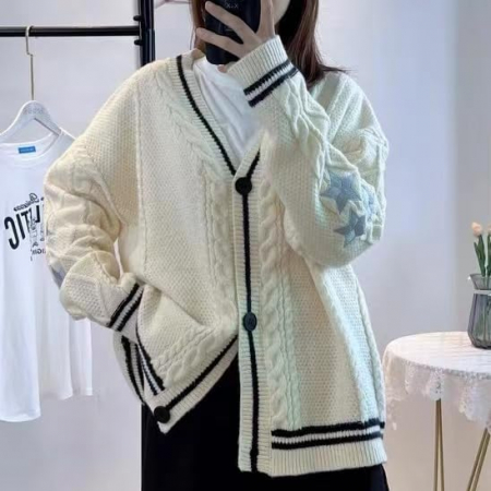 Cardigan, bluza tricotata larga cu maneci lungi si nasturi, pentru femei, Alb M [4]