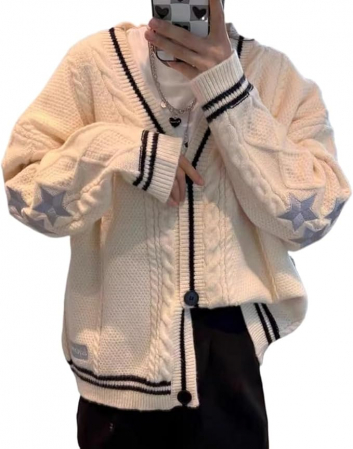 CAMASI - Cardigan, bluza tricotata larga cu maneci lungi si nasturi, pentru femei, Alb M