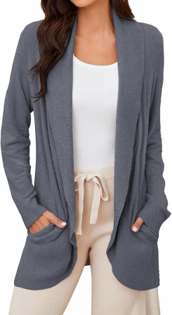 BLUZE FEMEI - Cardigan femei- Bluza lunga, eleganta cu maneca lunga si buzunare ALBASTRU GRI XL