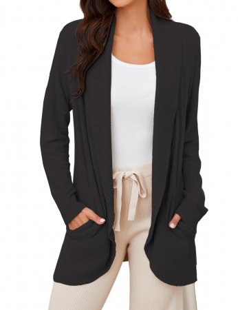 BLUZE FEMEI - Cardigan femei- Bluza lunga, eleganta cu maneca lunga si buzunare NEGRU M