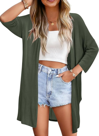 Bluze dama - Cardigan verde de Damă Arach&Cloz, Mâneci 3/4, Croi Lejer, Deschis în Față, Ușor și Respirabil, M