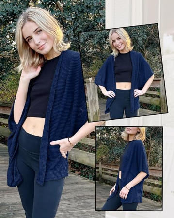 Cardigan albastru Damă STYLEWORD, Lejer, Mâneci 3/4, Stil Kimono, Fără Închidere, M [2]