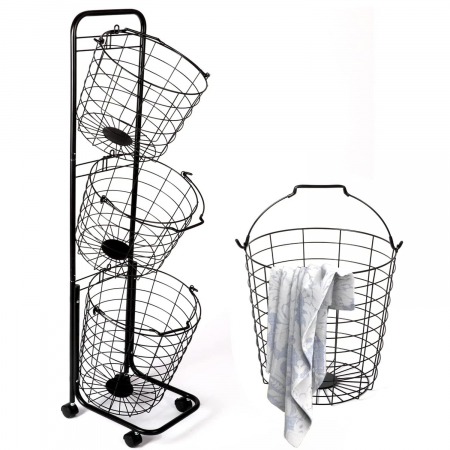 Cosuri pentru rufe si Ligheane - Carucior de baie pe roti, cu 3 cosuri de sarma, pe verticala 36x33x126 cm