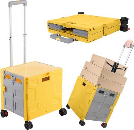 Carucioare pentru cumparaturi - Carucior de cumparaturi portabil, pliabil, cu maner telescopic, galben