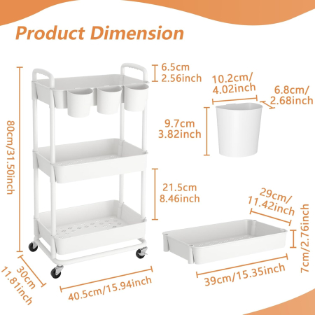 Carucior de depozitare alb cu 3 polite pentru baie, bucatarie 28x40x80 cm [1]