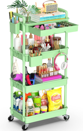ORGANIZARE SPATIU - Carucior de depozitare verde cu 4 polite pentru baie, bucatarie 38,5x27x105 cm