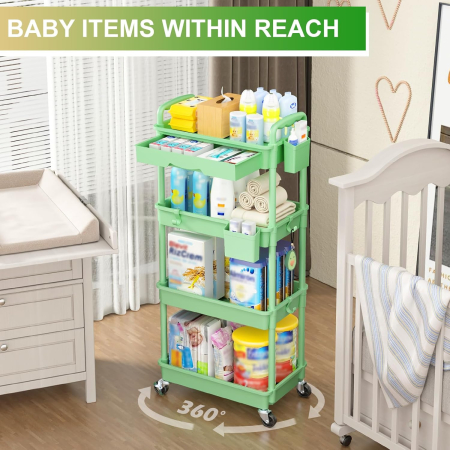 Carucior de depozitare verde cu 4 polite pentru baie, bucatarie 38,5x27x105 cm [5]