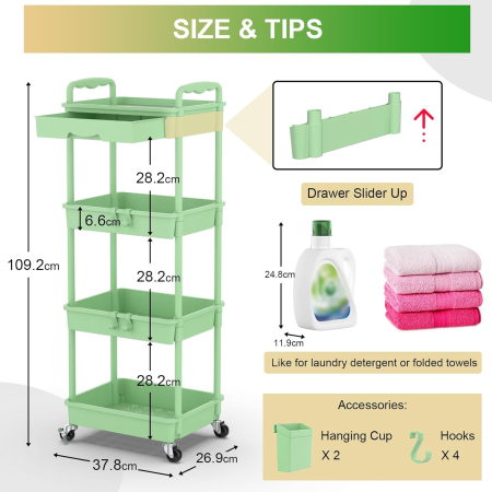 Carucior de depozitare verde cu 4 polite pentru baie, bucatarie 38,5x27x105 cm [3]