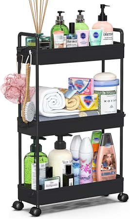 ORGANIZARE SPATIU - Carucior de depozitare negru cu 3 polite pentru baie, bucatarie 39x12x67 cm