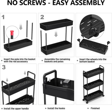 Carucior de depozitare negru cu 3 polite pentru baie, bucatarie 39x12x67 cm [7]