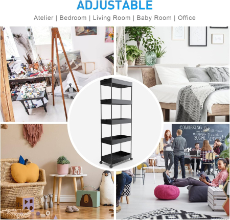 Carucior de depozitare negru cu 5 polite pentru baie, bucatarie 112x40x22 cm [6]