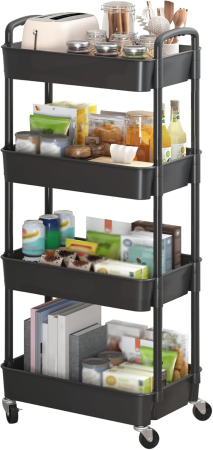 ORGANIZARE SPATIU - Carucior de depozitare negru cu 4 polite pentru baie, bucatarie 104x39x29 cm