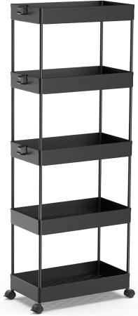 ORGANIZARE SPATIU - Carucior de depozitare negru cu 5 polite pentru baie, bucatarie 112x40x22 cm